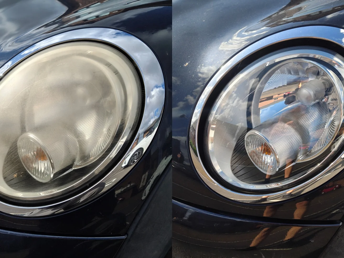 Before and after comparison of a headlight restoration